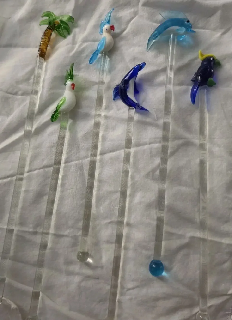 6 Vintage Art Glass Exotic Birds Parrot Palm Tree Dolphin Swizzle Sticks 8